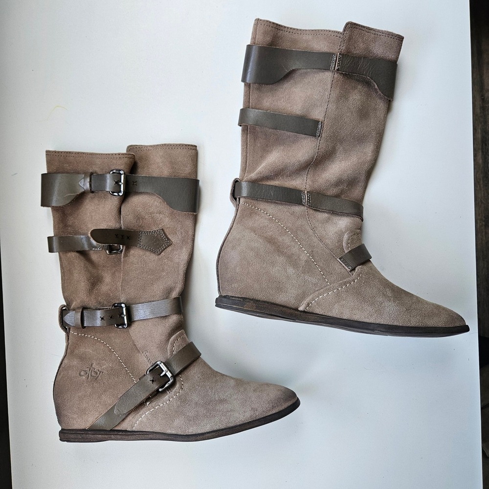 Calamity Boots Womens 8 Taupe Suede Buckle Mid Calf Boho Moto Gladiator